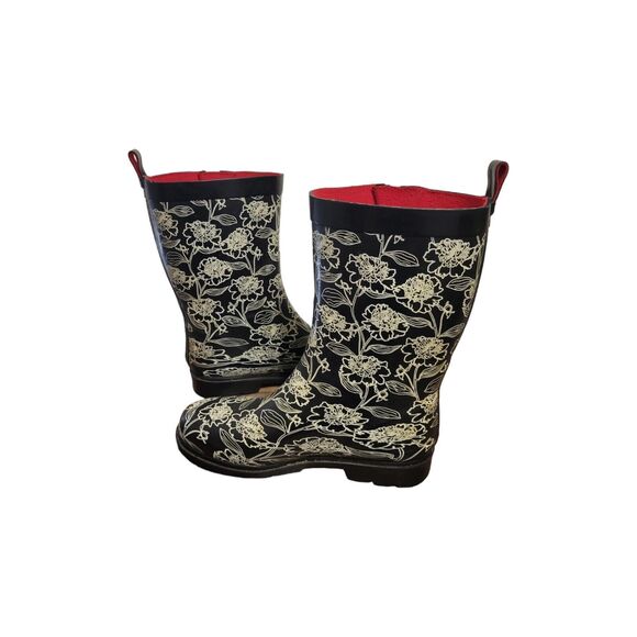 Capelli New York Chooka Rain Boot Women 7 Black Floral Waterproof Red Lining - Picture 4 of 7